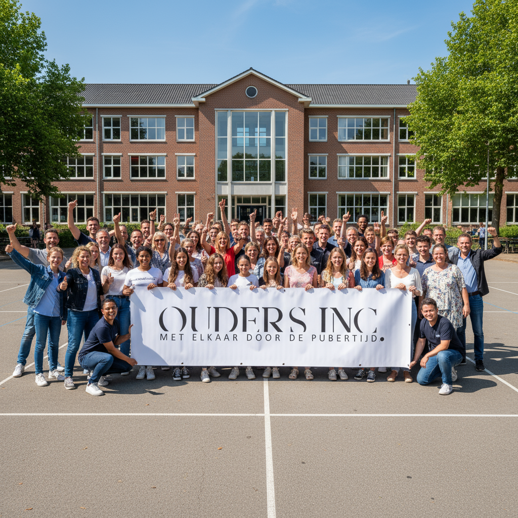 Pubers en ouders met spandoek op schoolplein Ouders en pubers met spandoek op schoolplein