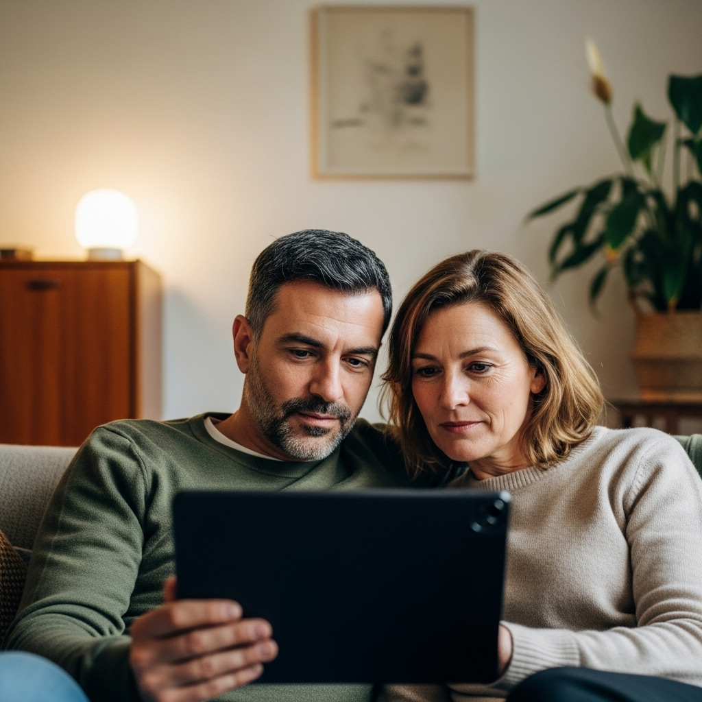 ouders achter tablet op bank 2 ouders met tablet op een bank